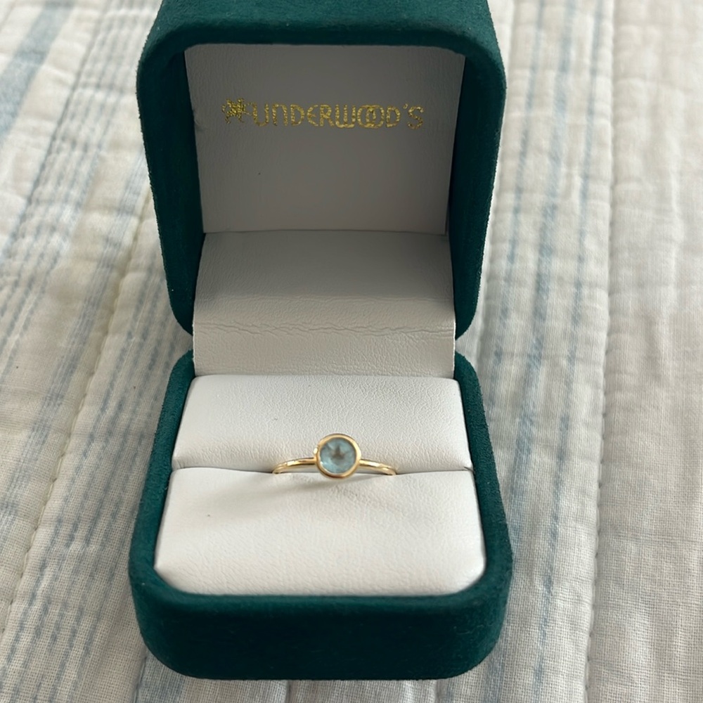 This is a 14K solid gold Blue Topaz stone ring from Underwood’s Jewelers!